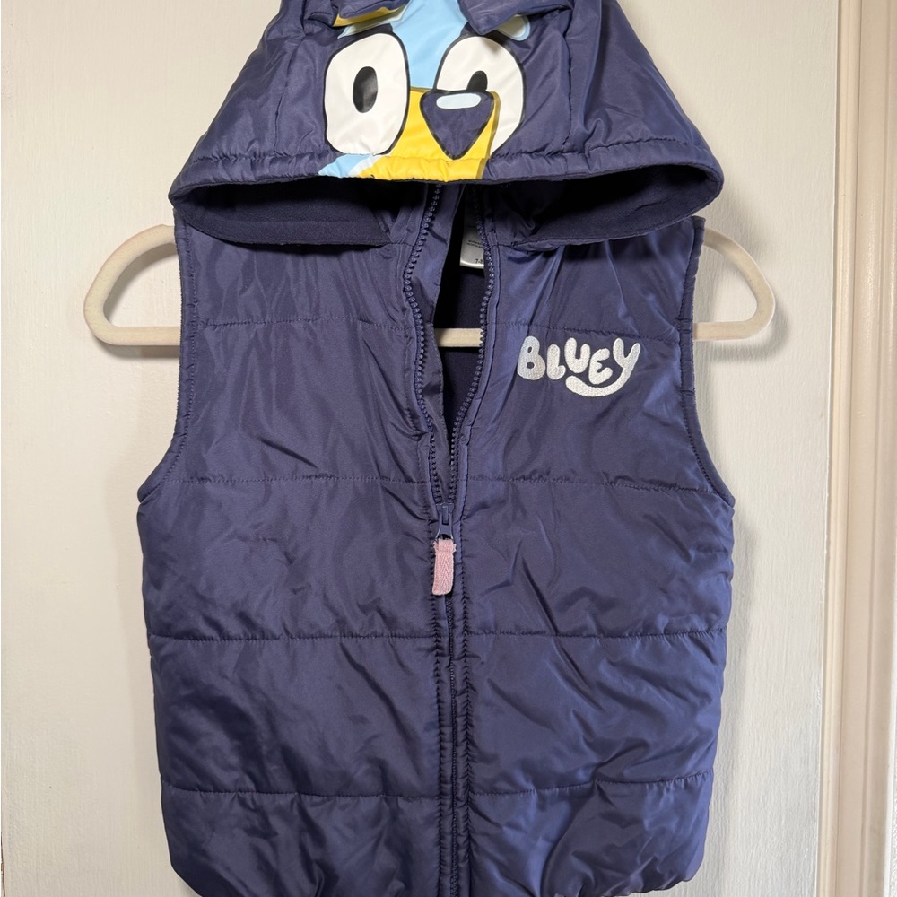 Bluey Kids' Navy Puffer Vest with Hoodie Fleece Lining Size 7-8